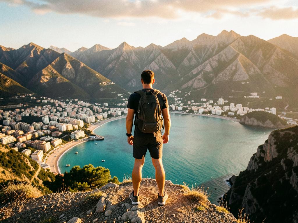 Homem contemplando cidade litorânea do alto